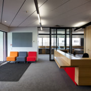 A crisp interior palette of timber and glass architecture, ceiling, house, interior design, office, gray