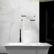 Pared-down simplicity can bring charm and a modern-meets-traditional bathroom, bathroom sink, black and white, floor, furniture, interior design, plumbing fixture, product, product design, sink, table, tap, wall, white, black