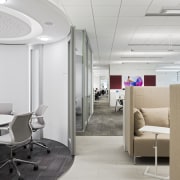 Circular meeting rooms in this office interior in ceiling, interior design, office, product design, gray