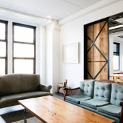 Comfortable sofas, a guitar and a rocking horse furniture, interior design, living room, loft, room, window, white