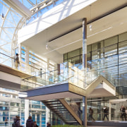 Locating the atrium partly inside the Ecodome at building, commercial building, daylighting, mixed use, shopping mall, white, gray