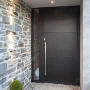 Above: Dramatic entrance  a contemporary Black Mist architecture, door, home, house, interior design, real estate, wall, gray