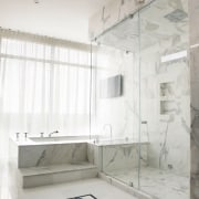 Strong geometric forms and a glass shower stall architecture, bathroom, floor, flooring, interior design, plumbing fixture, product design, room, tile, white