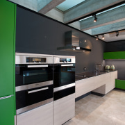 In this new Poggenpohl kitchen black glass and architecture, countertop, glass, house, interior design, kitchen, wall, gray, black