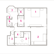 Legend to plans of remodeled bathroom by designer area, design, drawing, floor plan, line, product, product design, square, text, white