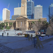 Brisbane City Hall has been restored and updated architecture, building, city, cityscape, daytime, downtown, landmark, metropolis, metropolitan area, plaza, reflection, sky, skyline, skyscraper, tourist attraction, tower, tower block, town square, tree, urban area, blue