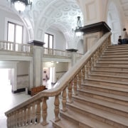 The grand King George Square entry is one architecture, baluster, building, ceiling, daylighting, estate, handrail, interior design, molding, stairs, structure, gray