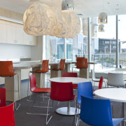 Cloud lighting heightens the treehouse analogy in the architecture, cafeteria, chair, furniture, interior design, office, product design, restaurant, table, white