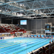 The OCBC Aquatic Centre was designed by Arup arena, championship, competition, competition event, indoor games and sports, leisure, leisure centre, recreation, sport venue, sports, structure, black, gray