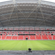 The vast size of the stadium at the area, arena, atmosphere, grass, line, soccer specific stadium, sport venue, stadium, structure, gray