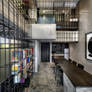 The black steel rods divide the space and architecture, building, interior design, lobby, loft, gray, black