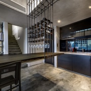 Using the rods to suspend as well as architecture, interior design, lobby, loft, gray, black