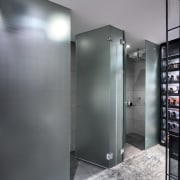 Frosted glass privacy dividers screen the toilet and interior design, gray, black