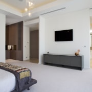 Coffered ceilings in this bedroom and bathroom feature bedroom, ceiling, interior design, property, real estate, room, suite, gray