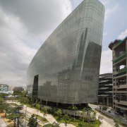 At the front, the Sandcrawler office building in architecture, building, corporate headquarters, facade, headquarters, sky, gray