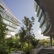 The Sandcrawler office building in Singapore has a architecture, arecales, building, condominium, daytime, house, mixed use, palm tree, real estate, sky, tree, urban design, black