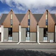 Pre-weathered copper clads the gables of Knox Church architecture, building, commercial building, facade, home, house, real estate, residential area, gray