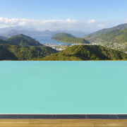 This 25m x 6m swimming pool, built by lake, landscape, mountain, mountain range, nature, reservoir, sky, water, water resources, teal