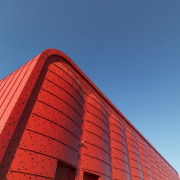 Euramax colour-coated aluminium is available in a wide angle, architecture, building, daytime, facade, landmark, line, red, roof, sky, skyscraper, structure, teal, red