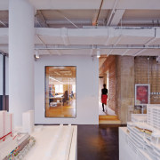 The model-making room in the Spark Architects office, ceiling, daylighting, floor, flooring, interior design, loft, gray