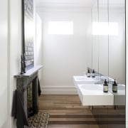 For this master bathroom renovation project by Architect bathroom, floor, flooring, home, interior design, room, sink, white