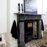 The use of mirrors in this bathroom renovation fireplace, floor, flooring, furniture, hearth, interior design, living room, table, white