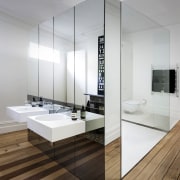 For this master bathroom renovation project by Architect bathroom, floor, interior design, sink, white, gray