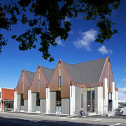 Knox Church in Christchurch features Colorsteel® Endura® roofing architecture, building, facade, home, house, real estate, residential area, sky, blue