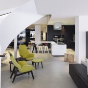 Key architectural features of the Studio Italia showroom architecture, furniture, interior design, living room, product design, white, gray