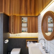 Oiled western red cedar shiplap wraps around the architecture, bathroom, home, interior design, plumbing fixture, room, toilet, gray, brown