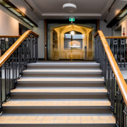 The refurbishment of interiors in the ClockTower Building floor, flooring, handrail, interior design, stairs, wood, gray, black