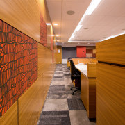 The Ministry of Justice Specialist Courts in Auckland architecture, ceiling, daylighting, floor, flooring, hardwood, interior design, lobby, wall, wood, brown, orange