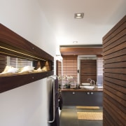 Timber slats stained in Resene Colorwood Mahogany bring architecture, ceiling, interior design, real estate, wood, gray