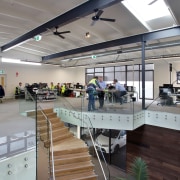 An open-plan work environment reflects Corbel Constructions collaborative architecture, daylighting, interior design, gray