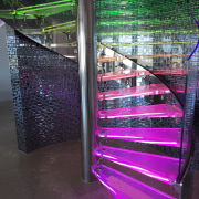 Clear glass spiral balustrade by Glasshape - Clear architecture, glass, light, lighting, purple, structure, black