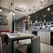 At the opposite end of the open-plan living interior design, black, gray