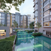 Lifestyle amenities for owners of the serviced apartments apartment, architecture, building, condominium, estate, metropolitan area, mixed use, neighbourhood, property, real estate, reflection, residential area, swimming pool, tower block, urban design, gray