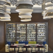 This  Chinese restaurant by Interior designers DiLeonardo ceiling, dining room, furniture, interior design, light fixture, lobby, table, wall, gray, black