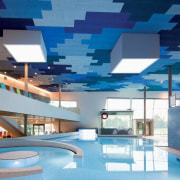 Heradesign acoustic wood wool panels from Potter Interior apartment, architecture, ceiling, condominium, daylighting, interior design, leisure, leisure centre, lobby, property, real estate, swimming pool, blue