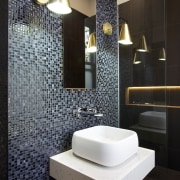 LED lights tucked behind the vanity mirror and architecture, bathroom, ceiling, ceramic, floor, flooring, interior design, light fixture, lighting, plumbing fixture, product design, room, sink, tap, tile, wall, black, gray