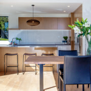 Wood, white and black steel combine to make house, interior design, kitchen, real estate, gray