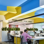 The ceiling pattern in this renovated office intersects architecture, ceiling, interior design, office, real estate, yellow