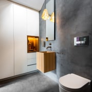 A wall niche in Tasmanian blackwood is in architecture, bathroom, floor, interior design, plumbing fixture, product design, room, sink, tap, wall, gray, black