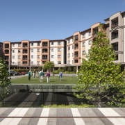 The design of the Poynton retirement village comprises apartment, building, campus, city, condominium, estate, facade, home, metropolitan area, mixed use, neighbourhood, plaza, property, real estate, residential area, urban design
