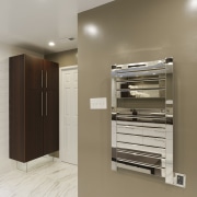 Chrome accessories set off this bathrooms high-end material floor, interior design, brown, gray