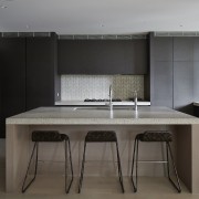 The minimalist kitchen in this new living  countertop, furniture, interior design, kitchen, table, black, gray