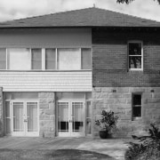 Before renovation, two sets of French doors connected architecture, black and white, boarding house, building, cottage, estate, facade, home, house, monochrome, monochrome photography, property, real estate, residential area, siding, suburb, window, gray, black, white