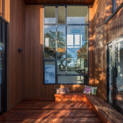 LED lights under the treads of this internal architecture, hardwood, home, house, interior design, lighting, real estate, window, wood, wood flooring, red