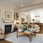 This new kitchen opens to a new family ceiling, estate, home, interior design, living room, property, real estate, room, gray