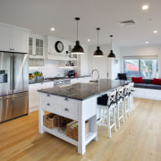 This kitchen design integrates with the wider space countertop, cuisine classique, floor, interior design, kitchen, real estate, room, gray